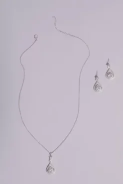Pave Crystal Teardrop Earrings And Necklace Set -Blissful Brides Shop 10070139 SILVER JWLY PROD10 002