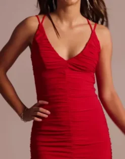 Double Strap Ruched V-Neck Sheath 9 Double Strap Ruched V-Neck Sheath -Blissful Brides Shop 12782D MRed PRTY