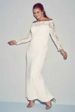 Off-the-Shoulder Long Sleeve Lace Draped Gown 12 Off-the-Shoulder Long Sleeve Lace Draped Gown -Blissful Brides Shop 184213DB 1 PDP Crop 1920x2880