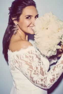 Off-the-Shoulder Long Sleeve Lace Draped Gown 13 Off-the-Shoulder Long Sleeve Lace Draped Gown -Blissful Brides Shop 184213DB 2 PDP Crop 1920x2880