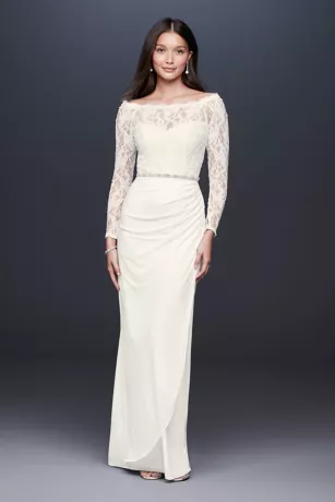 Off-the-Shoulder Long Sleeve Lace Draped Gown 3 Off-the-Shoulder Long Sleeve Lace Draped Gown