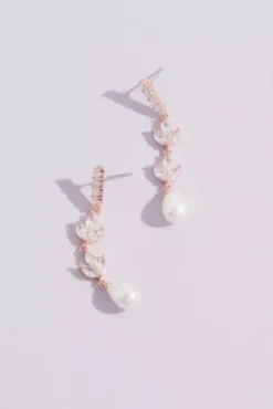 Leafy Crystal And Faux Pearl Droplet Earrings