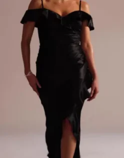 Off-Shoulder Ruffle Textured Satin Sheath Dress -Blissful Brides Shop 23197 BLACK PRTY