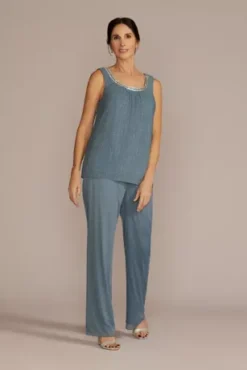 Three Piece Rhinestone Trimmed Chiffon Pantsuit -Blissful Brides Shop 2593 SLATE MOB PROD2 079