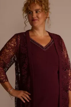 Short Beaded V-Neck Dress With Sheer Sleeve Jacket -Blissful Brides Shop 29258 MCRANBERRY MOB PROD7 1597