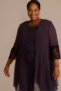 Plus Size Three Piece Georgette Lace Pantsuit -Blissful Brides Shop 29899DB MEGGPLANT MOB PROD9 3789