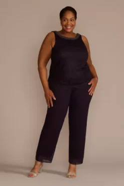 Plus Size Three Piece Georgette Lace Pantsuit -Blissful Brides Shop 29899DB MEGGPLANT MOB PROD9 3824