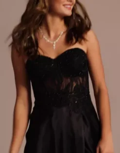 Strapless Illusion Lace Applique Satin A-Line 9 Strapless Illusion Lace Applique Satin A-Line -Blissful Brides Shop 3331BN MBlack PRTY