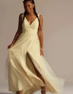 Embroidered Applique Tulle A-line Dress -Blissful Brides Shop 4040BN MYellow 2