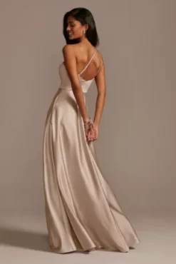 One Shoulder Satin A-Line Long Bridesmaid Dress -Blissful Brides Shop 4XLF20135 BISCOTTI BM PROD3 105 back