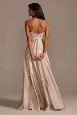 One Shoulder Satin A-Line Long Bridesmaid Dress -Blissful Brides Shop 4XLF20135 BISCOTTI BM PROD3 106 back2
