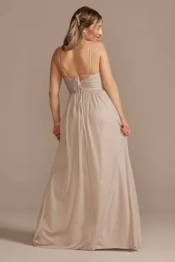 Long Mesh Bridesmaid Dress With Lace-Up Back -Blissful Brides Shop 4XLF20370 BISCOTTI BM PROD4 641