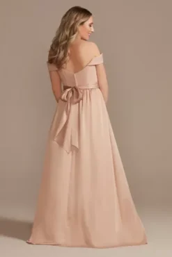 Off-Shoulder Crepe Charmeuse Bridesmaid Dress -Blissful Brides Shop 4XLF20380 SAND BM PROD4 100
