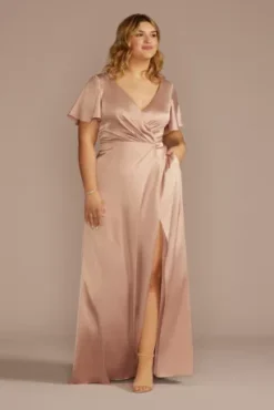 Short Sleeve Stretch Charmeuse Bridesmaid Dress -Blissful Brides Shop 4XLF20628 SAND BM PROD3 a