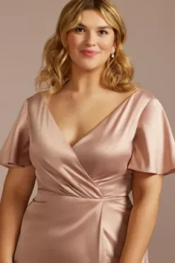 Short Sleeve Stretch Charmeuse Bridesmaid Dress -Blissful Brides Shop 4XLF20628 SAND BM PROD3 aaa