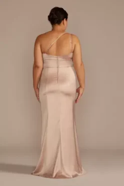 Stretch Satin One-Shoulder Sheath Bridesmaid Dress 12 Stretch Satin One-Shoulder Sheath Bridesmaid Dress -Blissful Brides Shop 4XLF20639 SAND BM PROD3 aa