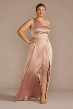 Stretch Charmeuse One-Shoulder Bridesmaid Dress -Blissful Brides Shop 4XLF20683 SAND BM PROD3 a