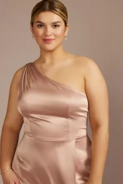 Stretch Charmeuse One-Shoulder Bridesmaid Dress -Blissful Brides Shop 4XLF20683 SAND BM PROD3 aaa