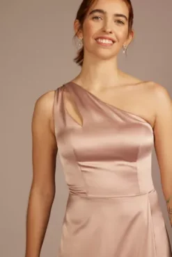 Stretch Charmeuse One-Shoulder Bridesmaid Dress -Blissful Brides Shop 4XLF20683 SAND BM PROD3 detail