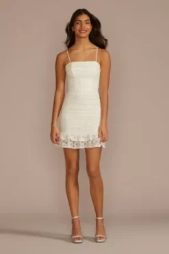 Ruched Lace Ruffled Mini Sheath Dress