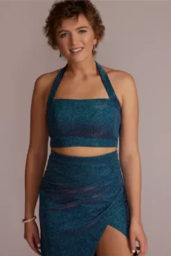 Metallic Glitter Two-Piece Set With Slit Skirt -Blissful Brides Shop 7961XZ6ATP MNAVYPINK PROM PROD1 076