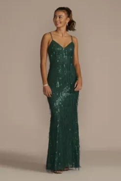 Long Sequin Fringe V-Neck Sheath Dress