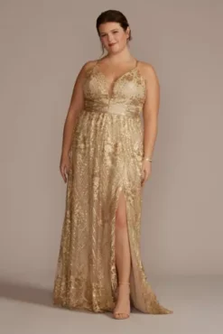 Sequin Embroidered Plunge Bridesmaid Dress -Blissful Brides Shop 9GS290081 GOLD BM PROD11 008