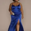 Stretch Satin Long Ruched Dress With Slit -Blissful Brides Shop ABFP4310 MCOBALT JRPRTY PROD6 053