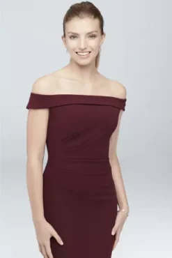 Off-the-Shoulder Stretch Crepe Ruched Dress -Blissful Brides Shop AP2E205054 MCABERNET BM DBSTU PROD10 054