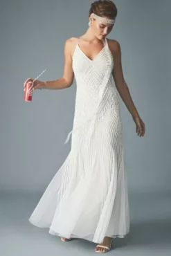 Beaded Sheath V-Neck Dress With Godets -Blissful Brides Shop AP2E205240 PDP Crop 1920x2880