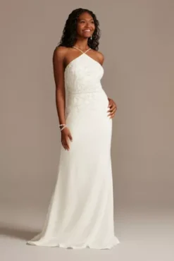 Beaded Stretch Crepe Halter Sheath Wedding Dress