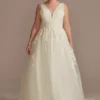 Embroidered V-Neck Wedding Dress With Tulle Skirt