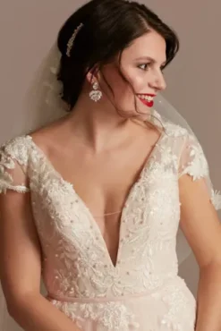 Cap Sleeve Pearl Tulle Wedding Dress With Low Back -Blissful Brides Shop CWG889 IVYSTN OLEG PROD12 044