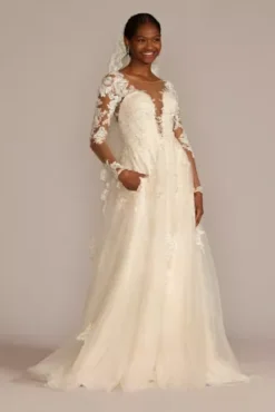 Illusion Button Back Lace Applique Wedding Gown