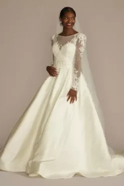 Beaded Lace And Satin Long Sleeve Wedding Dress