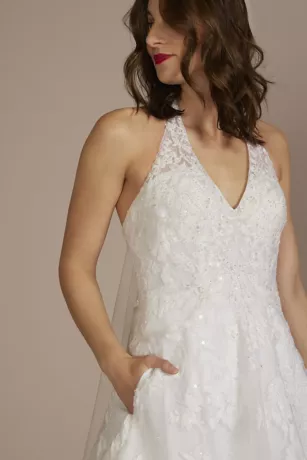 V-Neck Halter Beaded Lace Ball Gown Wedding Dress 5 V-Neck Halter Beaded Lace Ball Gown Wedding Dress - Image 3