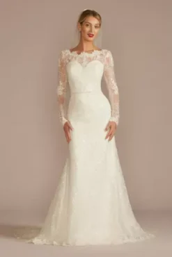 Beaded Lace Long Sleeve Sheath Wedding Dress