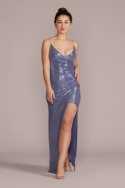 Allover Sequin V-Neck Sheath Gown With Slit