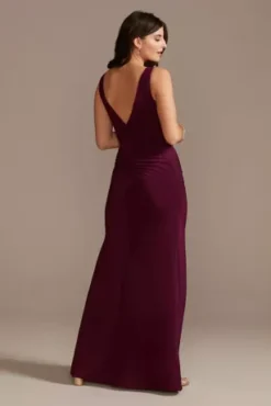 Ruched Jersey V-Neck Tank Sheath Dress -Blissful Brides Shop D21NY010 WINE PRTY PROD2 082