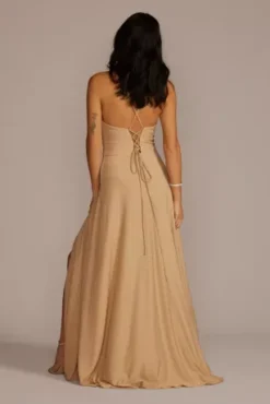 Metallic Cowl Neck Dress With Lace-Up Back -Blissful Brides Shop D21NY2129 GOLD PRTY PROD12 181