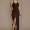 Cowl Neck Metallic Glitter Knit Sheath With Slit -Blissful Brides Shop D21NY22028V1 RED PRTY PROD2 010