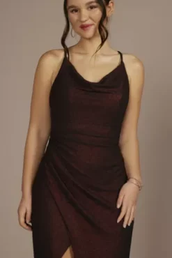 Cowl Neck Metallic Glitter Knit Sheath With Slit 7 Cowl Neck Metallic Glitter Knit Sheath With Slit -Blissful Brides Shop D21NY22028V1 RED PRTY PROD2 084