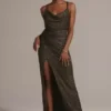 Cowl Neck Metallic Glitter Knit Dress With Slit -Blissful Brides Shop D21NY22028 BRONZE PRTY PROD12 0061