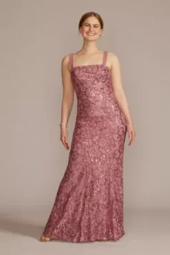 Square Neck Long Lace Dress With Illusion Waist