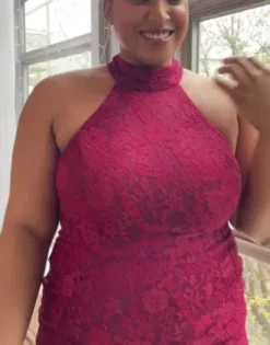 Allover Lace Halter Gown With Slit -Blissful Brides Shop D21NY22155V1 PDP