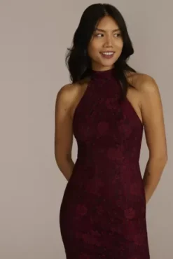 Allover Lace Halter Gown With Slit -Blissful Brides Shop D21NY22155V1 WINE PARTY PROD1 089