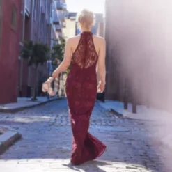 Allover Lace Halter Gown With Slit -Blissful Brides Shop D21NY22155V1 WINE PRTY SPRING 22 795