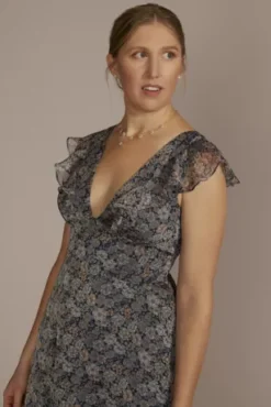 Plunging Printed Chiffon Gown With Ruffles -Blissful Brides Shop D21NY22162V2 MARINE PARTY PROD2 063