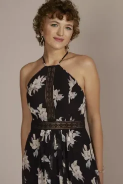 Printed Chiffon Halter A-Line With Illusion Detail -Blissful Brides Shop D21NY22167V1 MBLKMULTI PARTY PROD2 3039