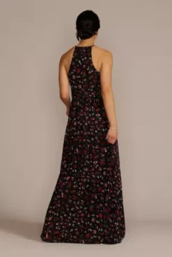 Floral Print Halter A-Line Dress With Slit -Blissful Brides Shop D21NY22303V1 BLKMULT PRTY PROD4 215